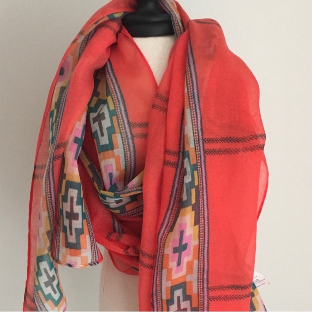 J. Crew red/coral and geometric border scarf